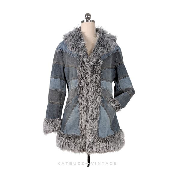 Giacca Penny Lane Coat XL Blue Denim Faux Fur Y2K Gray Boho Patchwork Ariana - Picture 1 of 14
